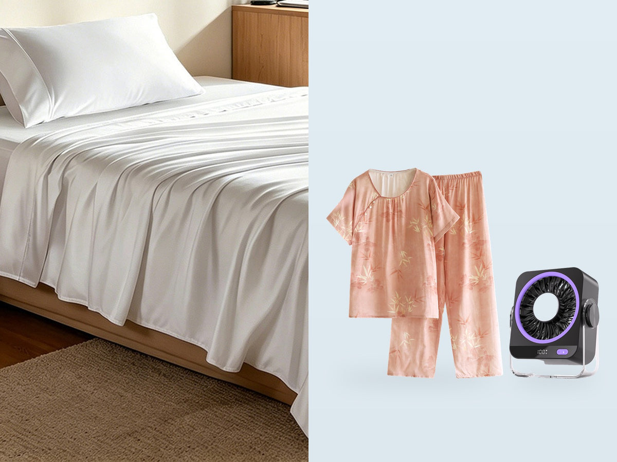 Bamboo sheets, bamboo gauze pyjamas and a quiet bedside fan