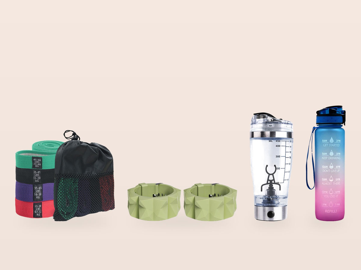 Wrist weights, fabric bands, rechargeable shaker and time-marker bottle